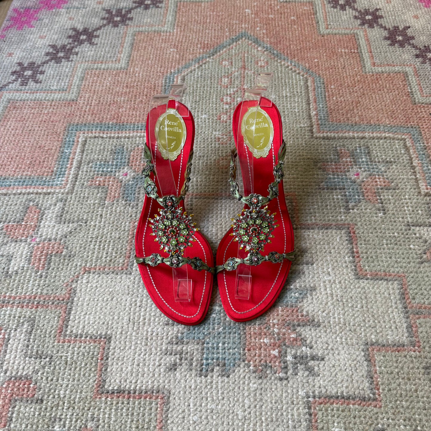Y2K Red Silk Satin Jeweled René Caovilla Sandals - US 9
