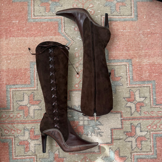 F/W2001 Galliano Dior Chocolate Suede Lace Up Western Boots - US 7