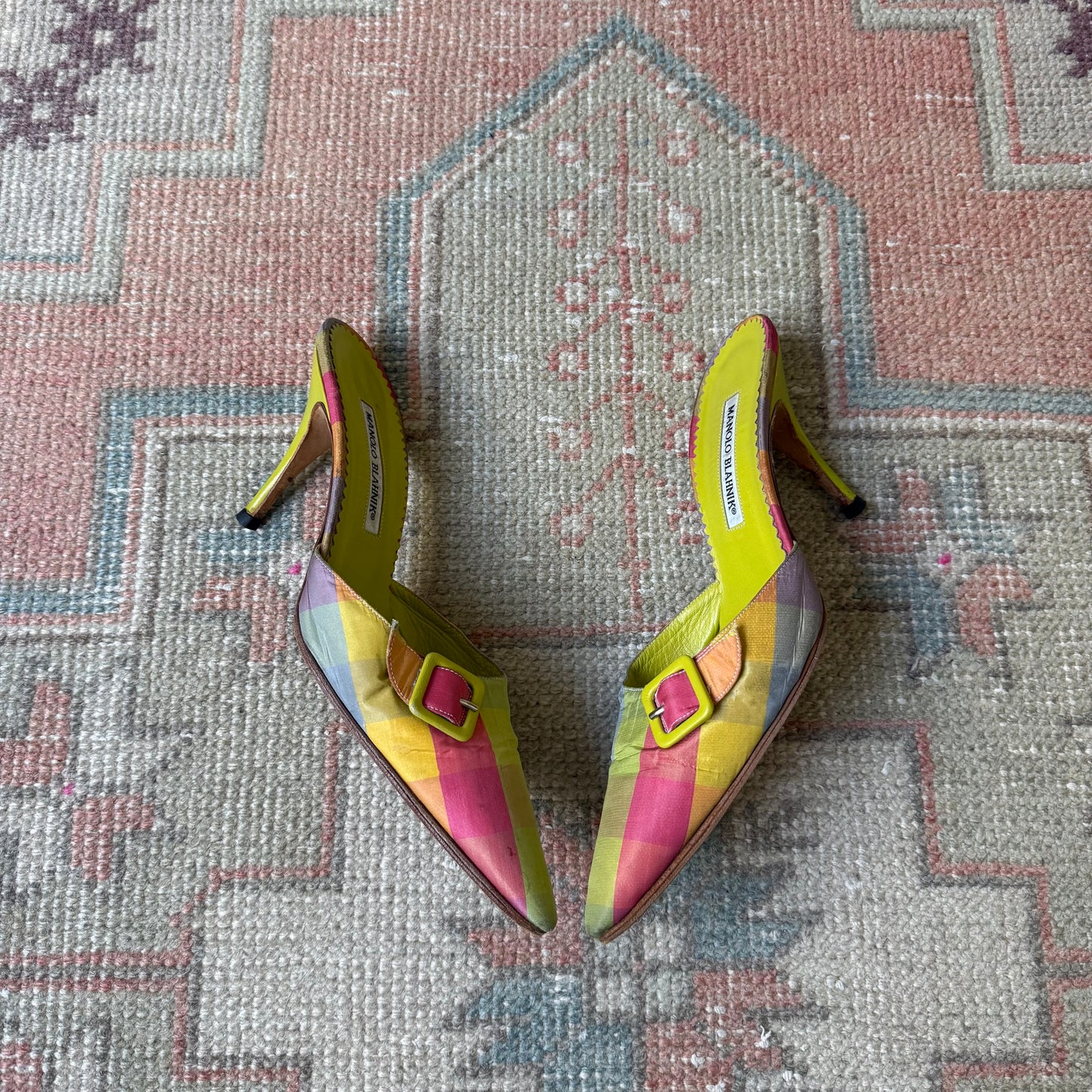 S/S2000 Manolo Blahnik Tartan Green Mules - US 9-9.5