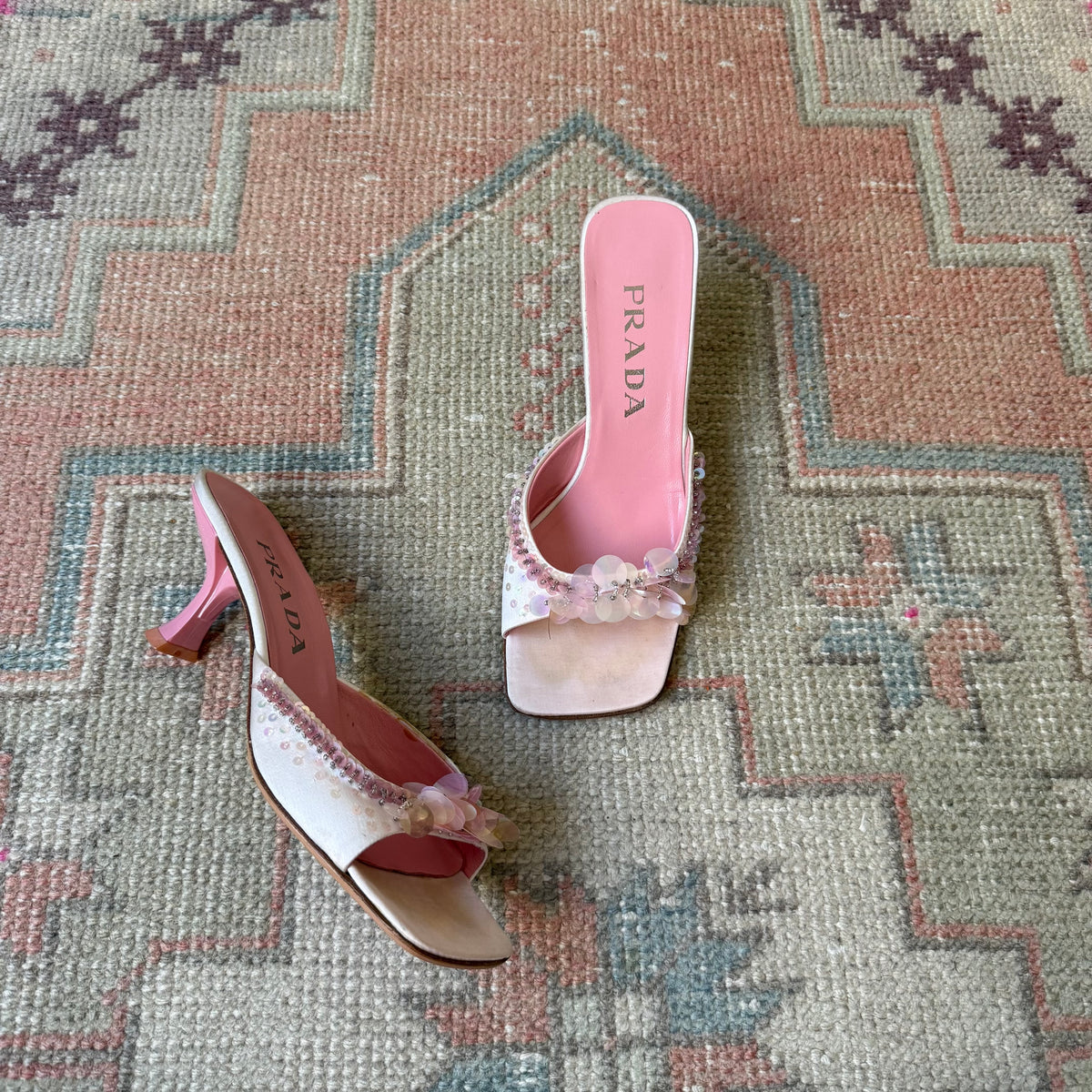 S/S1999 Prada Pink Satin Sequined Mules - US 7.5