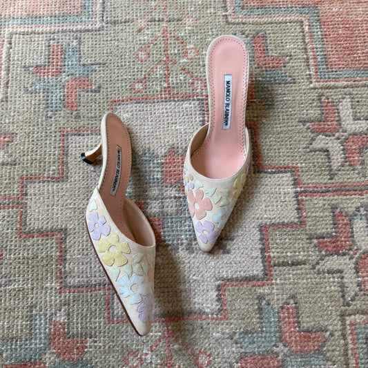 Manolo Blahnik Suede Floral Patchwork Mules - US 6.5