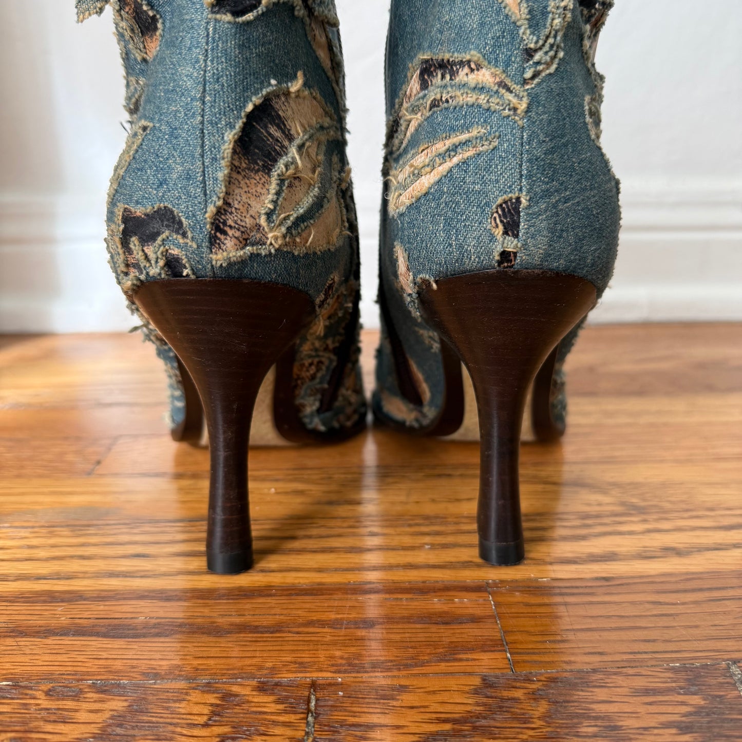 S/S2002 Roberto Cavalli Denim + Leopard Laser Cut Boots - US 7