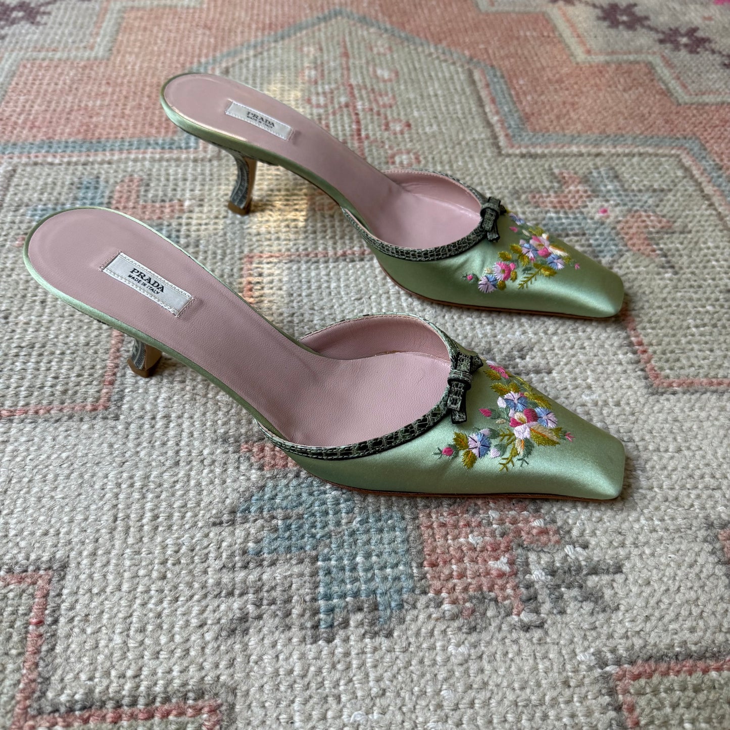 Y2K Prada Silk Satin Floral Lizard Mules - US 8