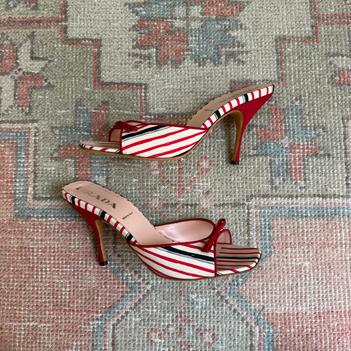 Prada Silk Striped Bow Mules - US 9.5