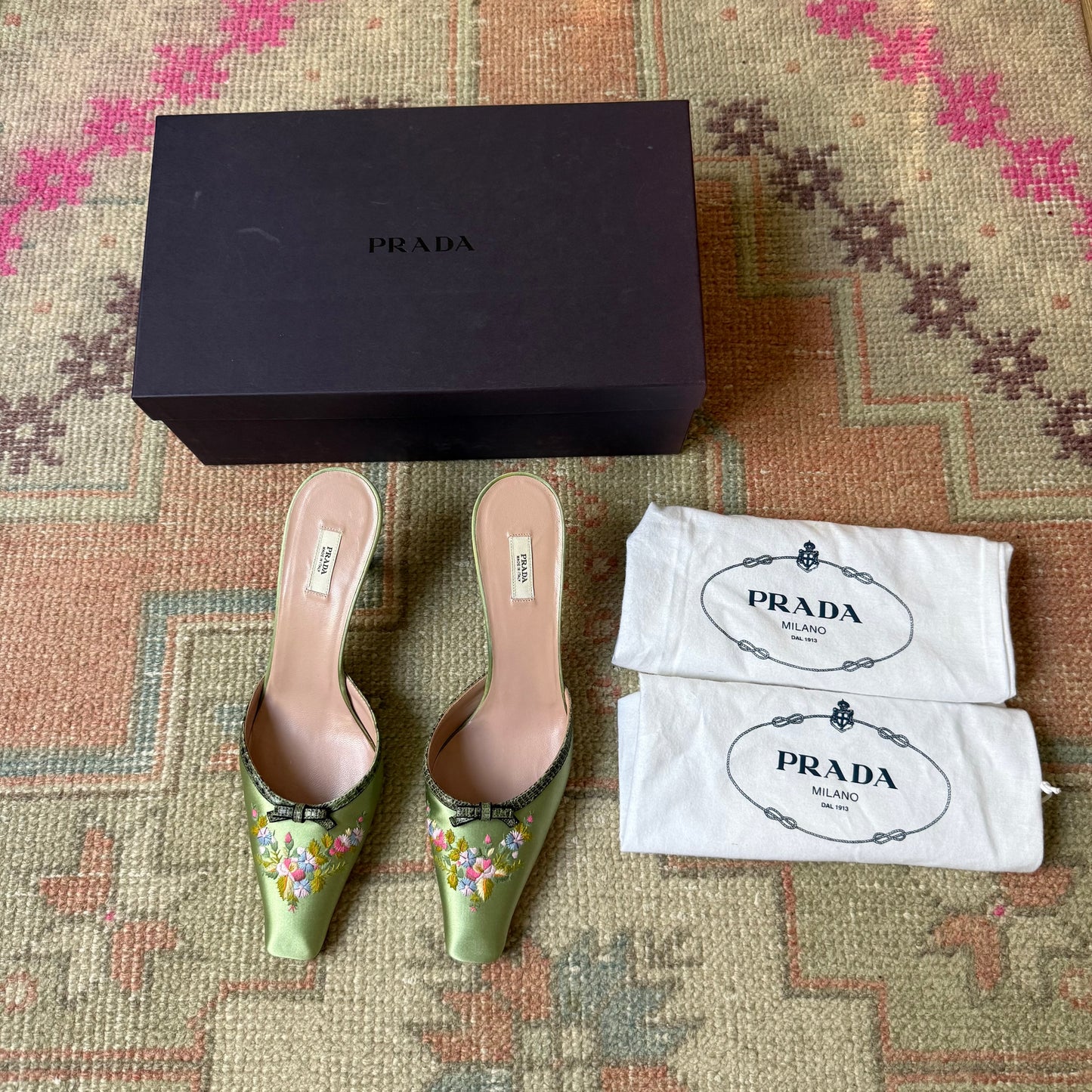 Y2K Prada Silk Satin Floral Lizard Mules - US 8