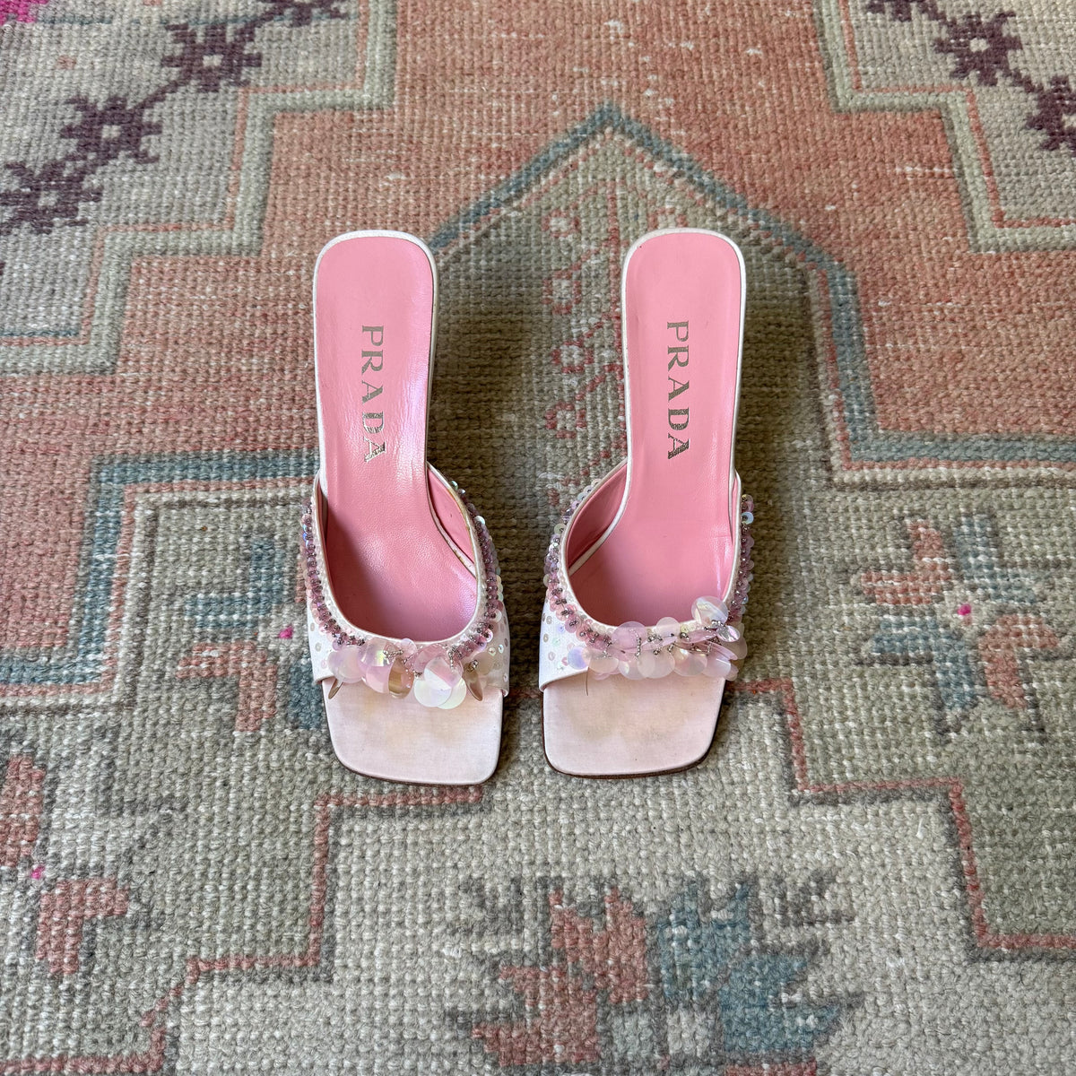 S/S1999 Prada Pink Satin Sequined Mules - US 7.5