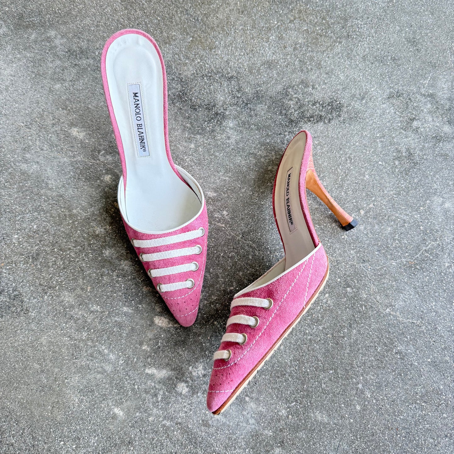 S/S2003 Pink Suede Manolo Blahnik Lace Up Mules - US 7.5