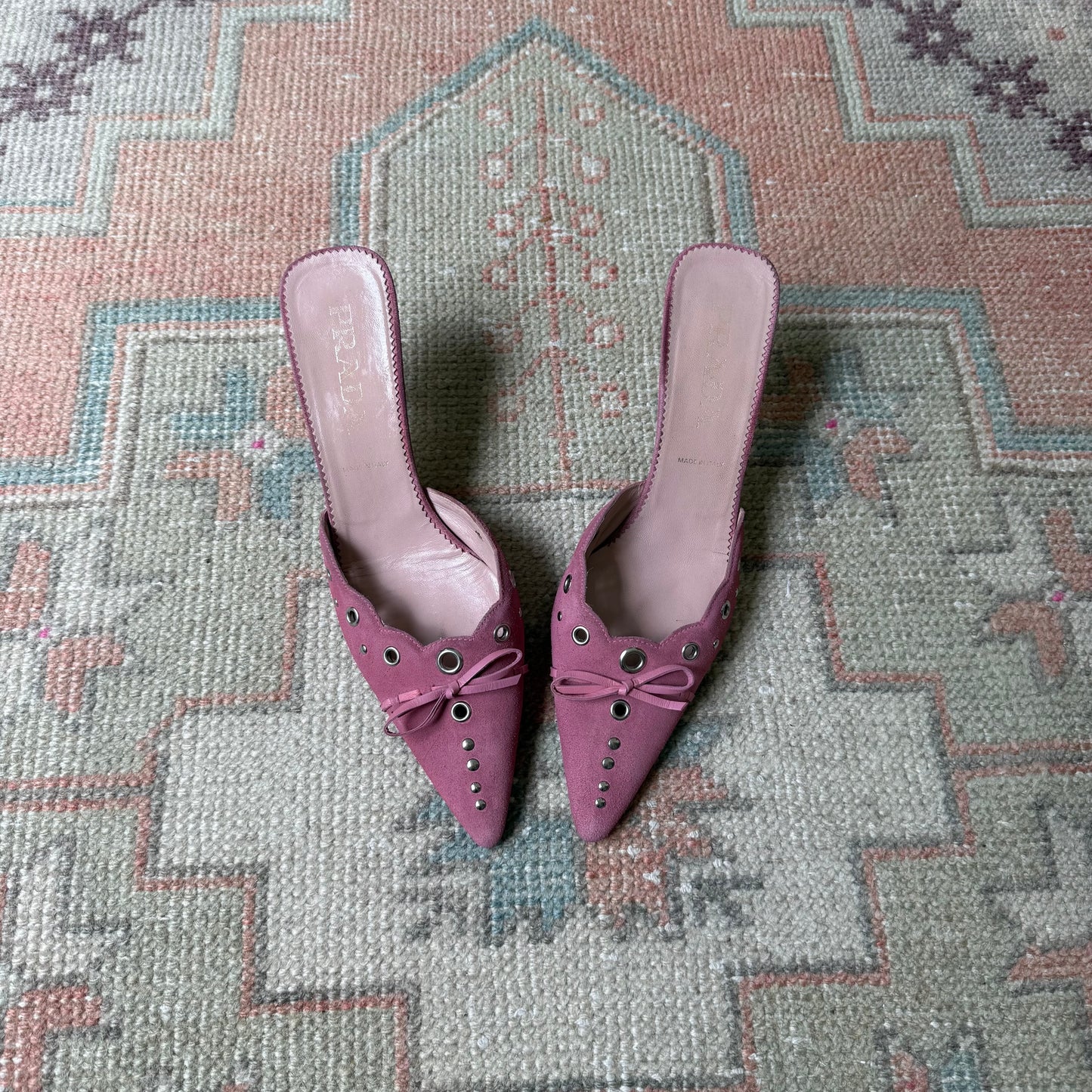S/S2002 Prada Pink Suede Grommet Mules - US 8.5