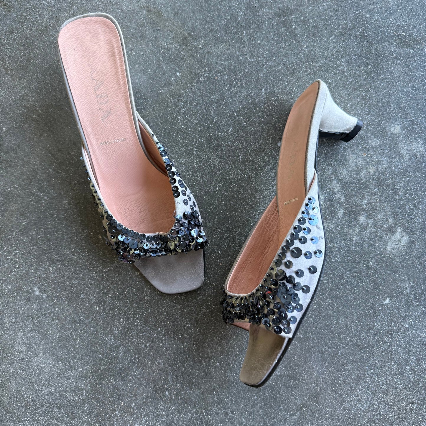 S/S1999 Prada Silk Satin Sequin Mules - US 7.5