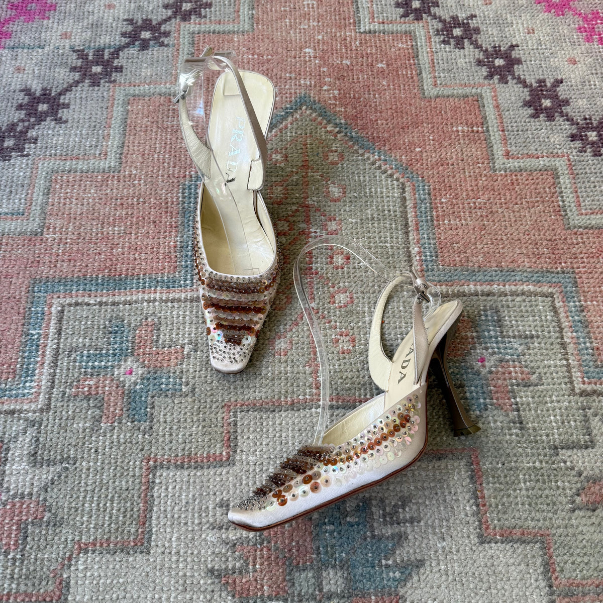 S/S1999 Prada Champagne Paillette Slingback Mules - US 7