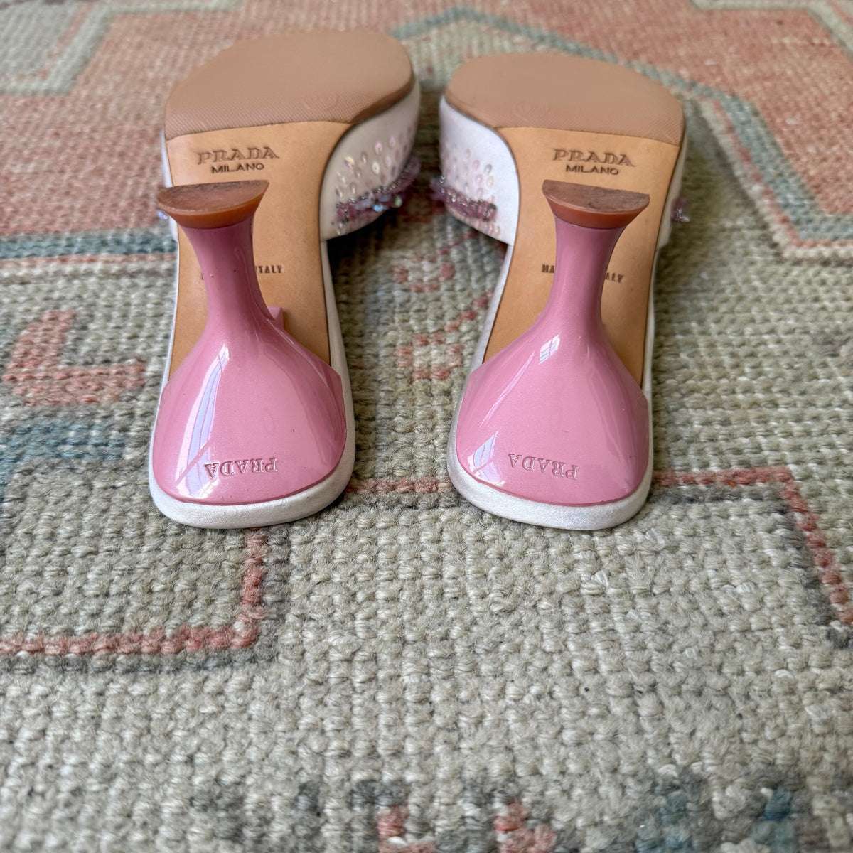S/S1999 Prada Pink Satin Sequined Mules - US 7.5