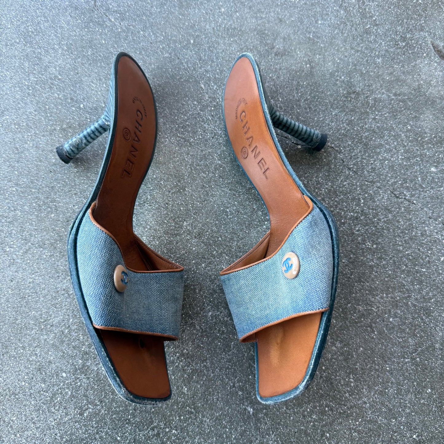 Early 00s Chanel Blue Canvas & Leather Mules - US 8