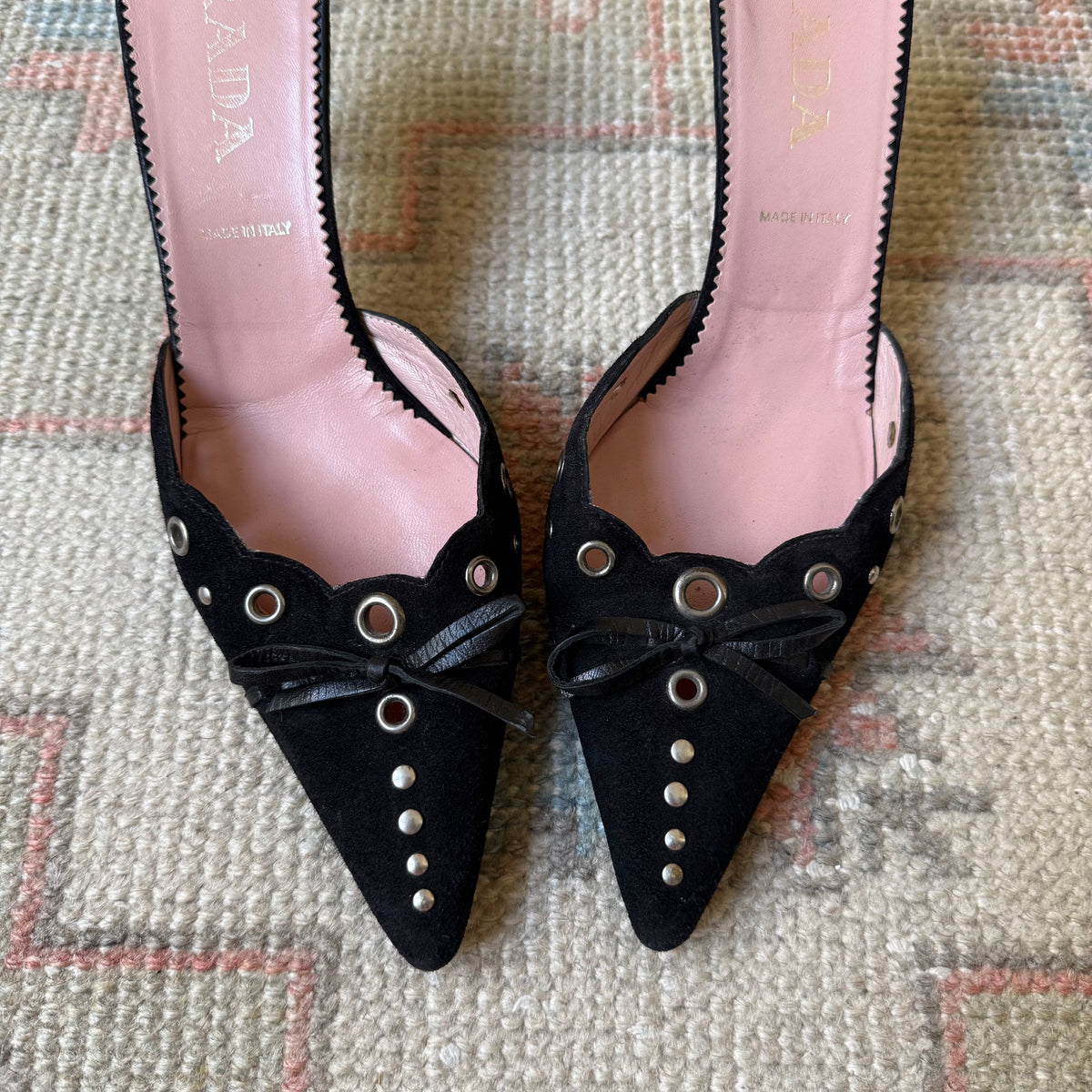 S/S2002 Prada Black Suede Grommet Mules - US 7-7.5