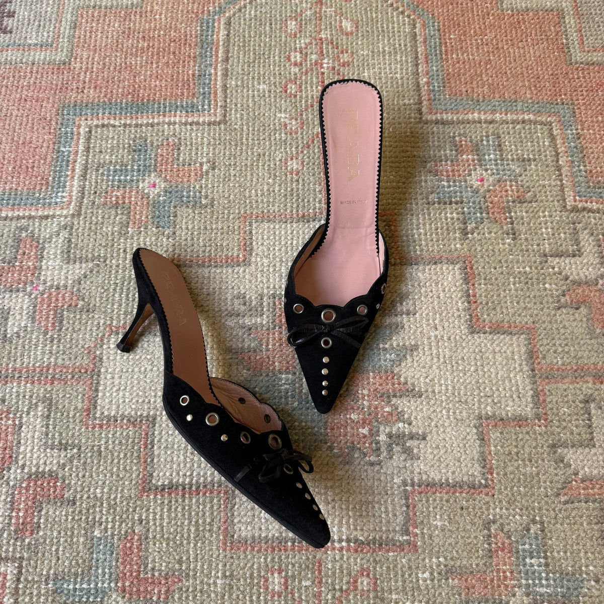 S/S2002 Prada Black Suede Grommet Mules - US 7-7.5