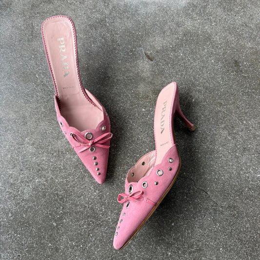S/S2002 Prada Pink Suede Grommet Mules - US 7