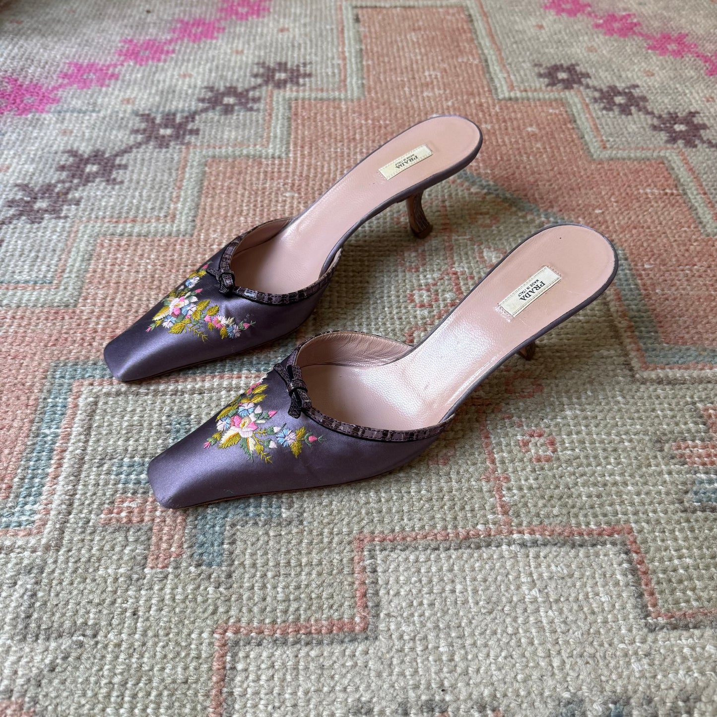 Y2K Prada Purple Silk Satin Floral Mules - US 8.5-9