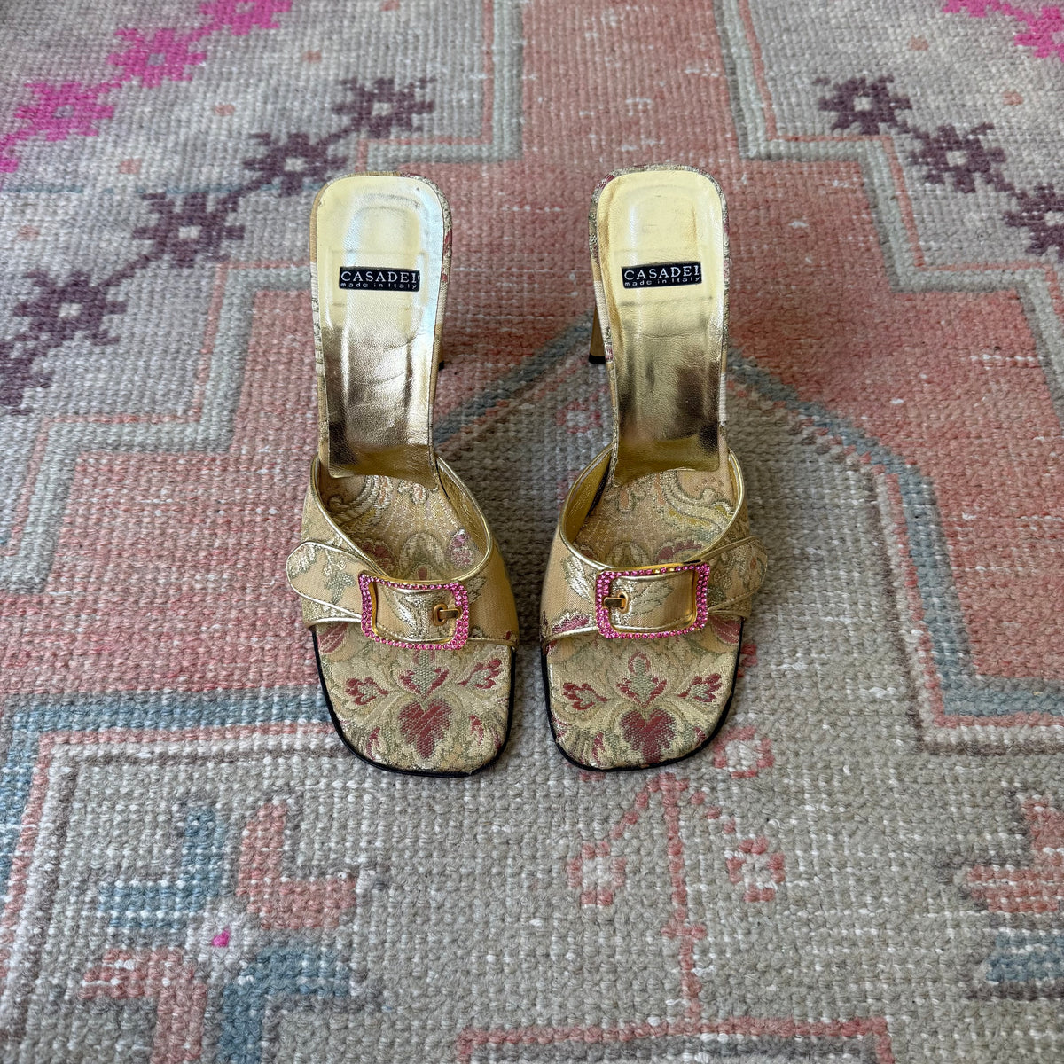 Y2K Gold Jacquard Casadei Mules - US 6.5