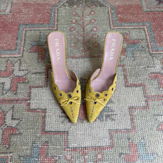 S/S2002 Prada Yellow Suede Grommet Mules - US 6.5
