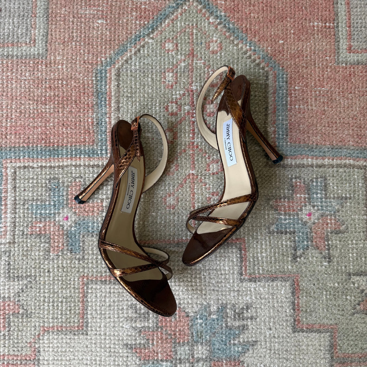 Y2K Bronze Jimmy Choo Snake-Embossed Sandals - US 7.5