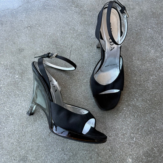 Prada SS98 Black Satin Lucite Sculptural Wedges - US 6.5