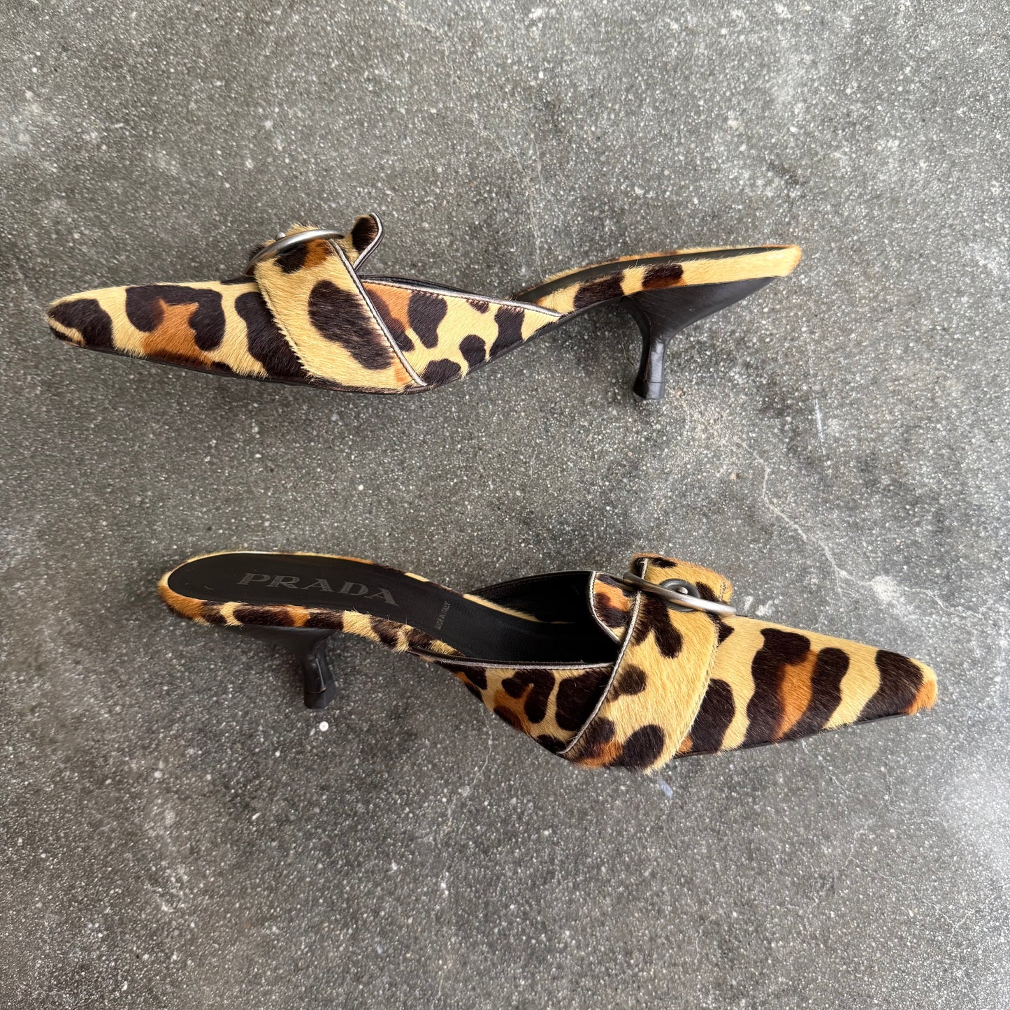 00s Prada Ponyhair Leopard Mules - US 7