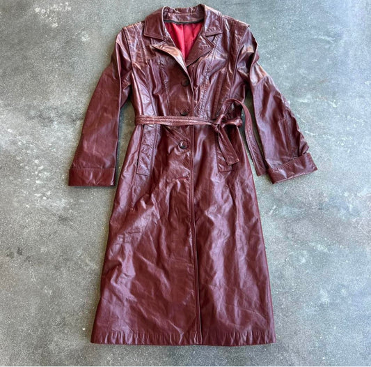 Vintage Wine Leather Trench Coat