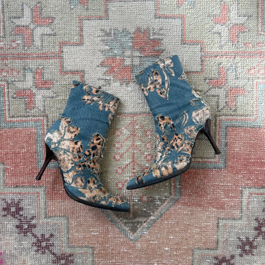 S/S2002 Roberto Cavalli Denim + Leopard Laser Cut Boots - US 7