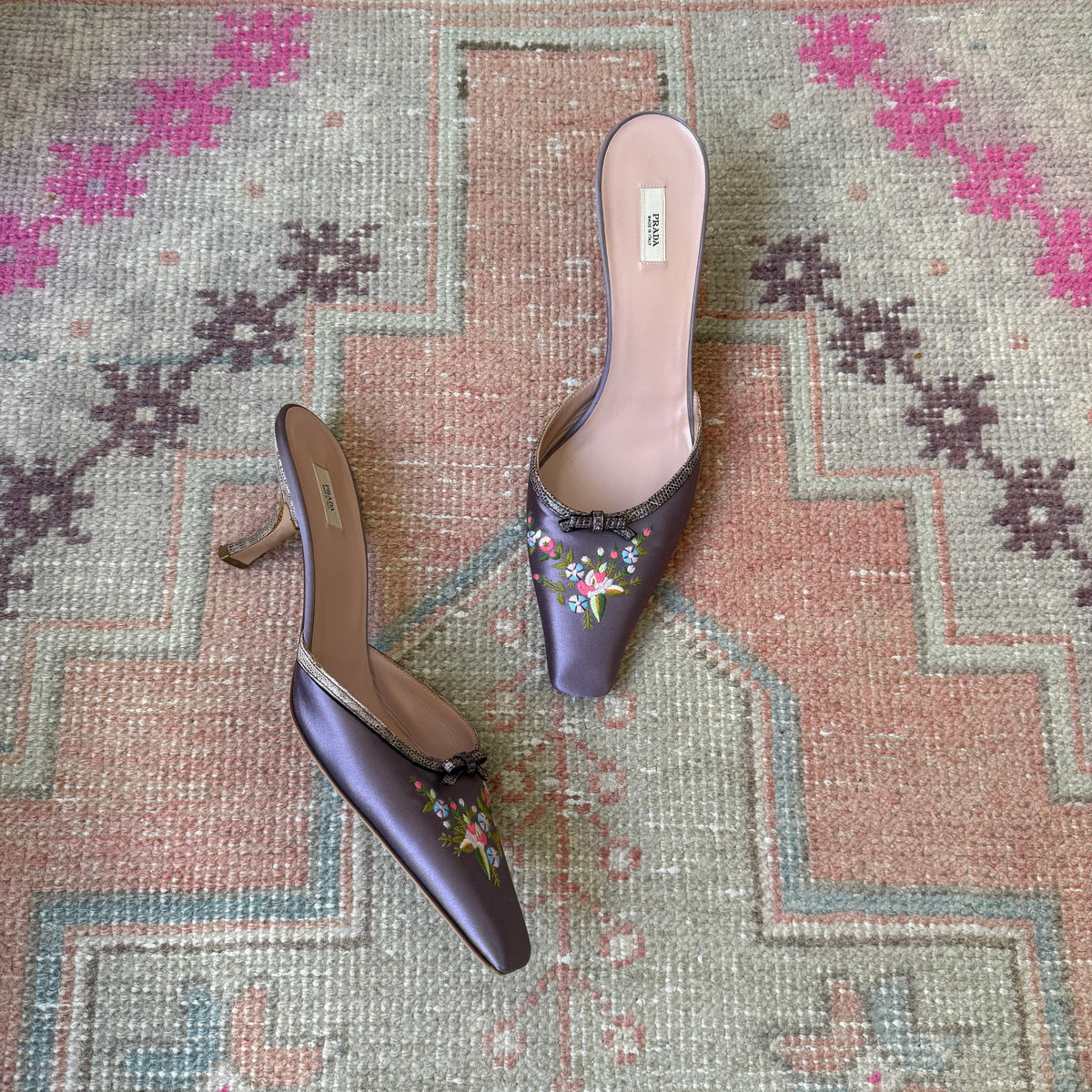 Y2K Prada Purple Silk Satin Floral Mules - US 10-10.5