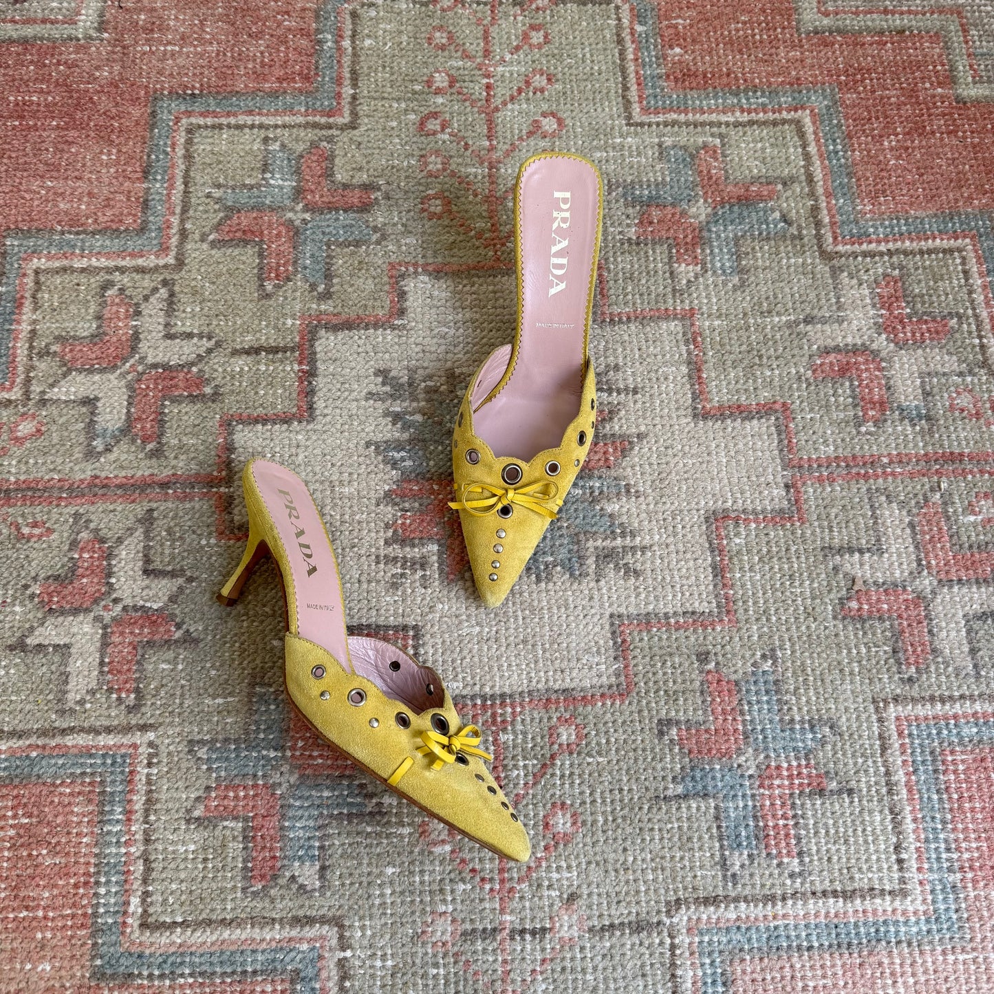 S/S2002 Prada Yellow Suede Grommet Mules - US 6.5