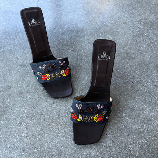 00s Fendi Beaded Denim Mules - US 8