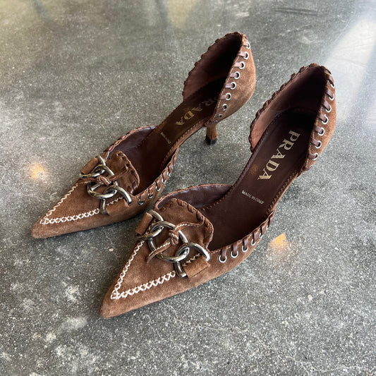 90s Prada Chocolate Suede Whipstitch Mules - US 7.5