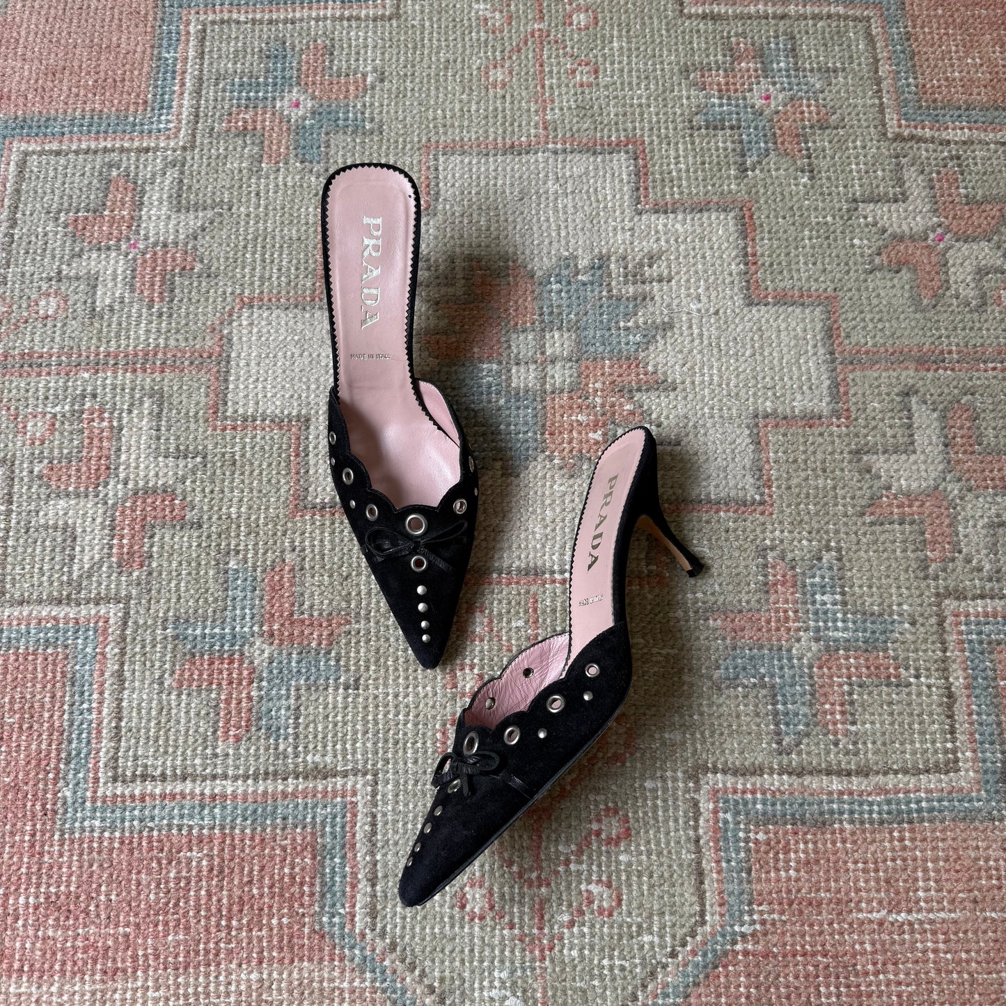 S/S2002 Prada Black Suede Grommet Mules - US 7.5