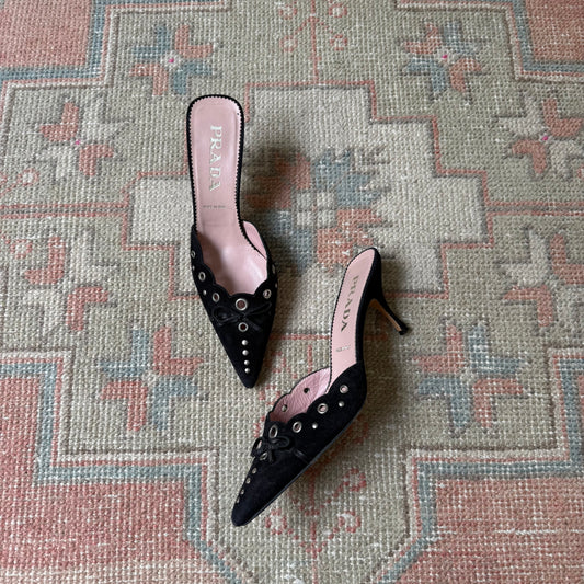 S/S2002 Prada Black Suede Grommet Mules - US 7.5