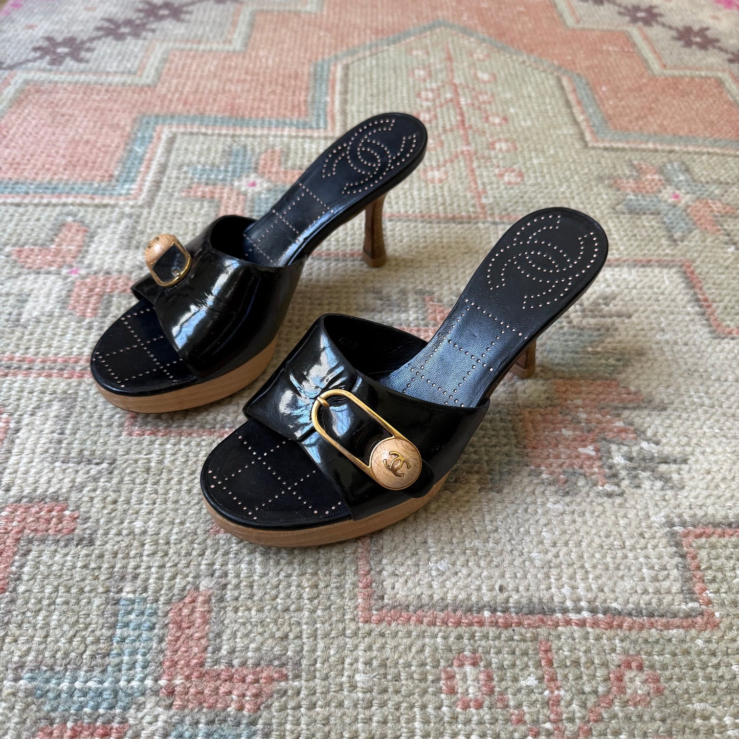 S/S2002 Chanel Black Safety Pin Mules - US 6