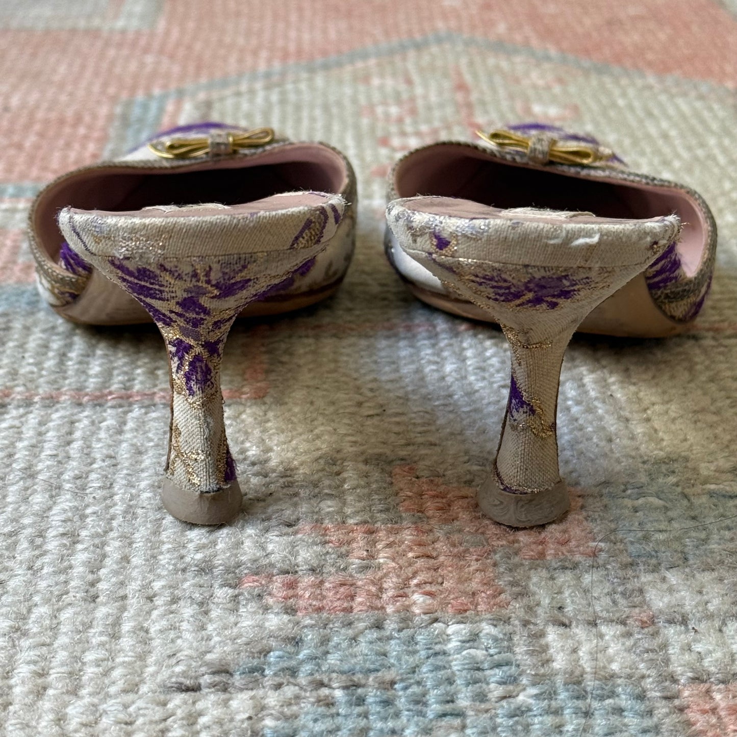 00s Prada Purple and Champagne Jacquard Lizard Mules - US 7.5