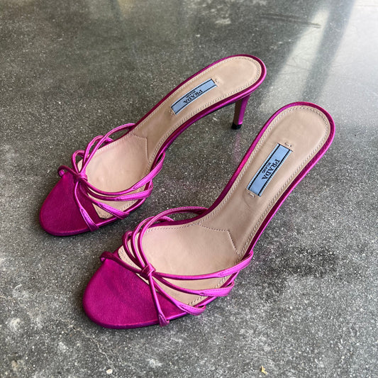 Prada Metallic Fuchsia Knotted Leather Mules - US 8