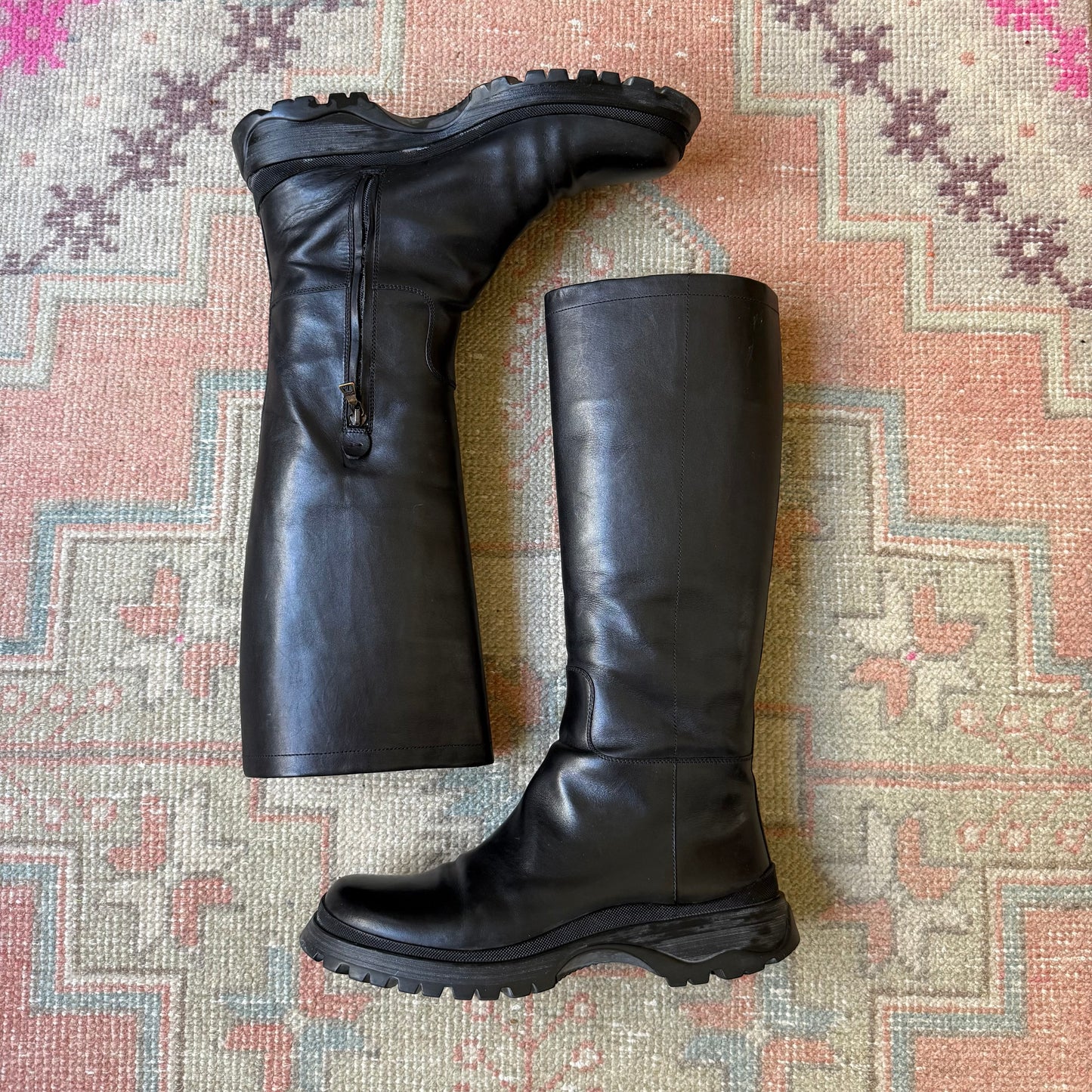 F/W2002 Prada Black Lug Sole Leather Boots - US 10.5