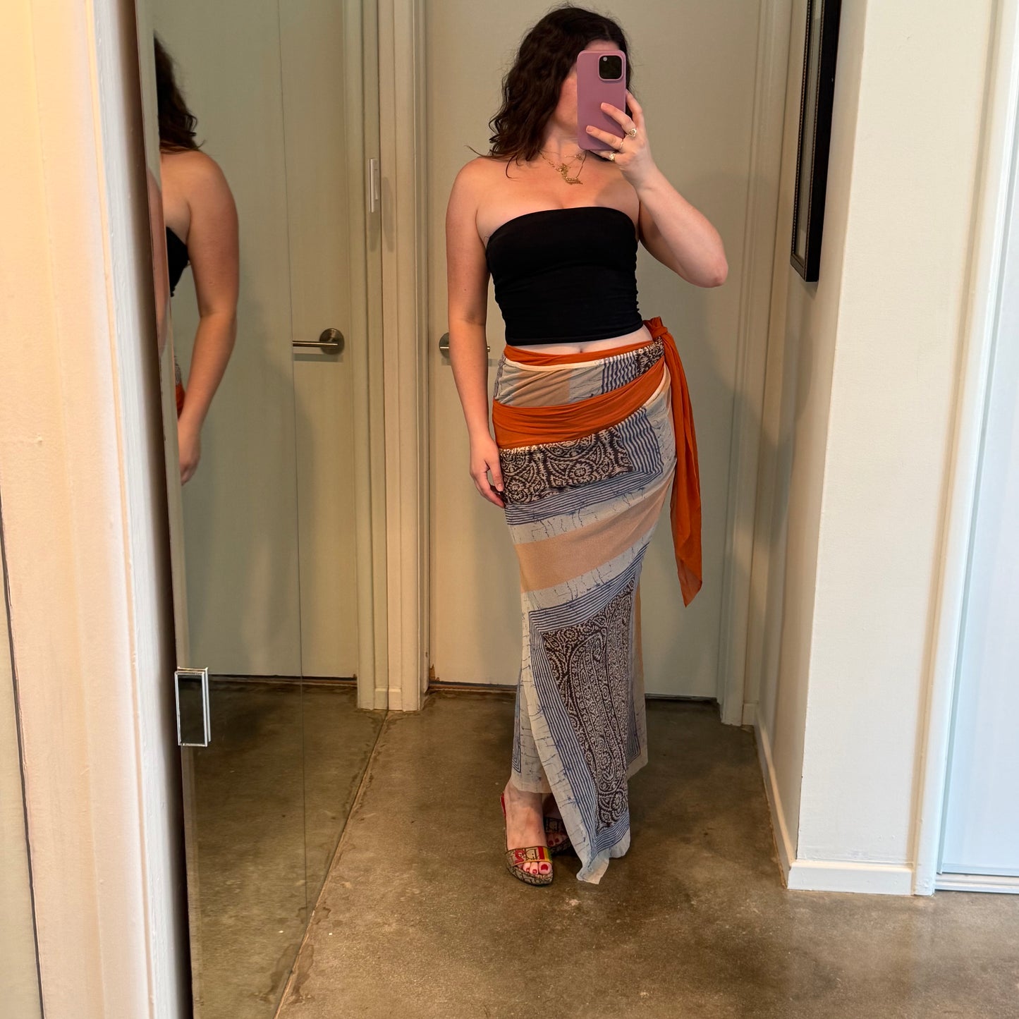 00s Jean Paul Gaultier Orange and Blue Mesh Paisley Skirt - One Size