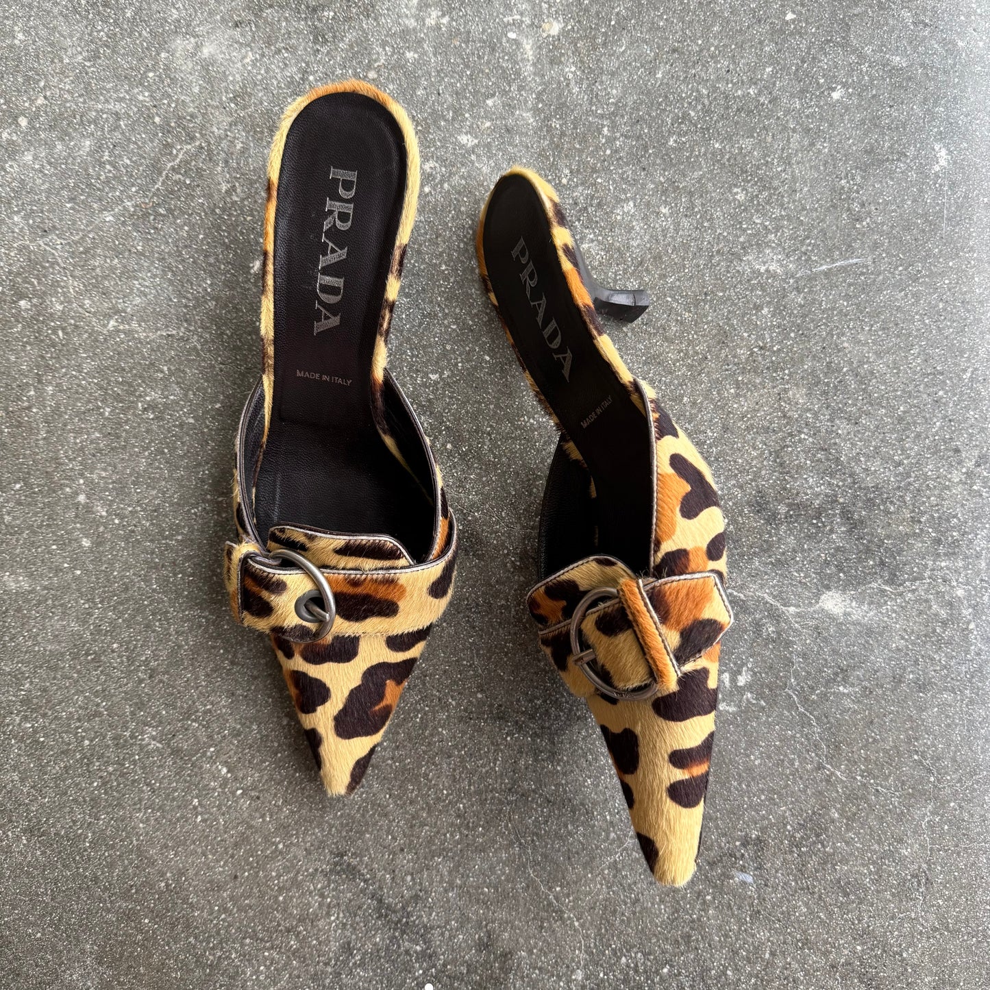 00s Prada Ponyhair Leopard Mules - US 7