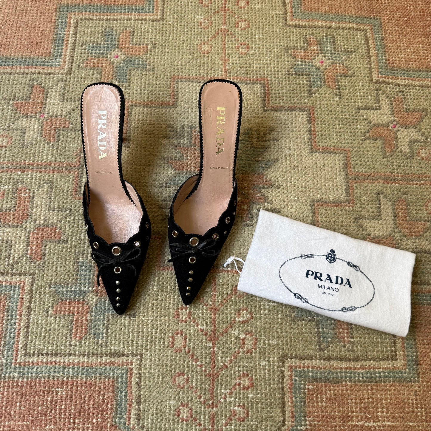 S/S2002 Prada Black Grommet Mules - US 8.5