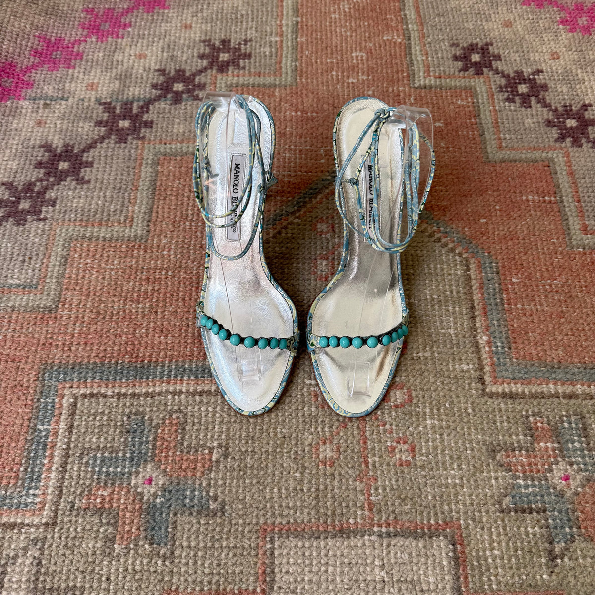 Y2K Manolo Blahnik Turquoise Paisley Sandals - US 8