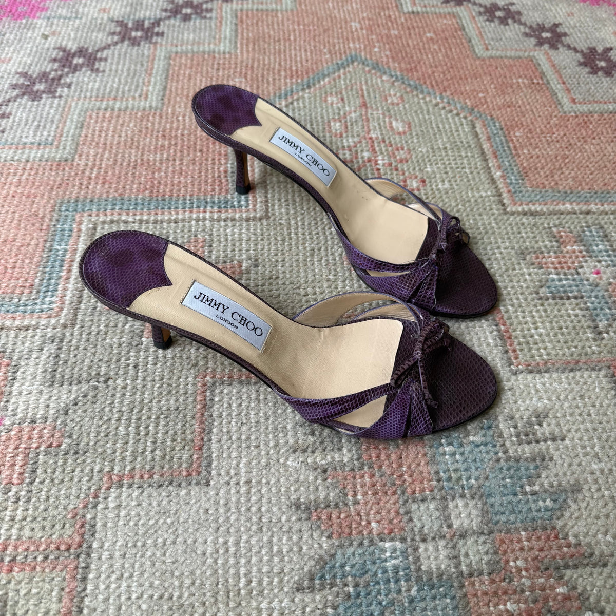 Y2K Jimmy Choo Purple Karung Bow Mules - US 9
