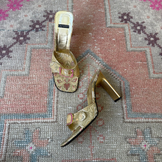 Y2K Gold Jacquard Casadei Mules - US 6.5