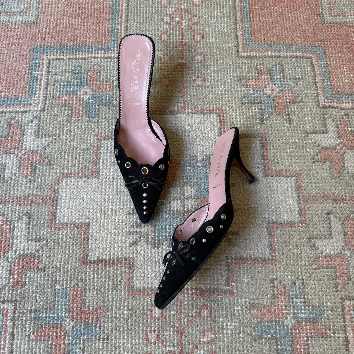 S/S2002 Prada Black Suede Grommet Mules - US 7-7.5