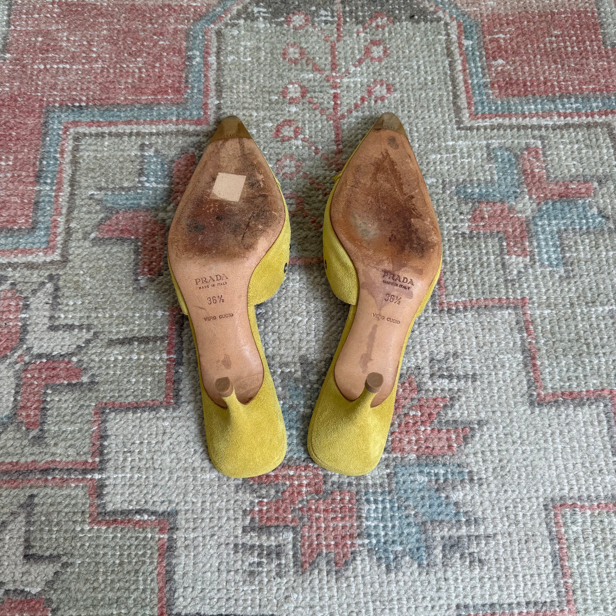 S/S2002 Prada Yellow Suede Grommet Mules - US 6.5