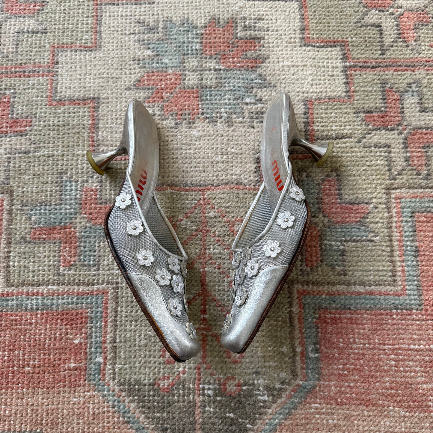 S/S1999 miu miu Silver Leather Floral Mules - US 8.5