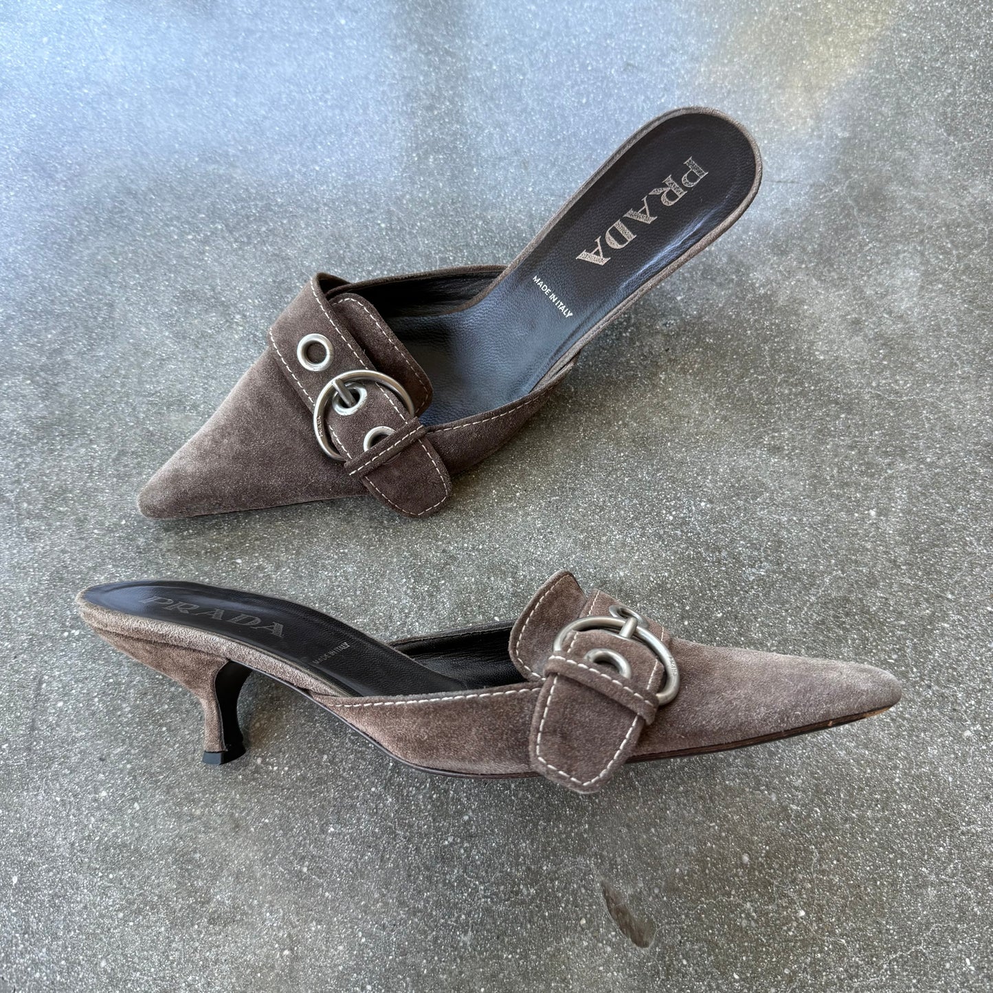 Spring 2002 Prada Taupe Suede Buckle Mules - US 8