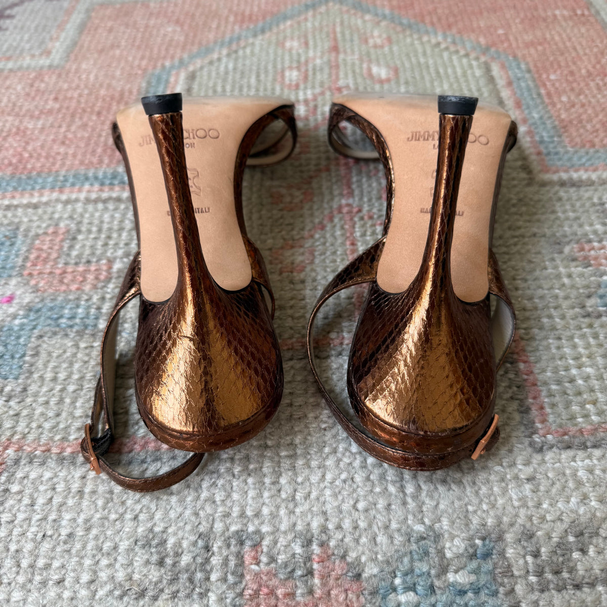 Y2K Bronze Jimmy Choo Snake-Embossed Sandals - US 7.5