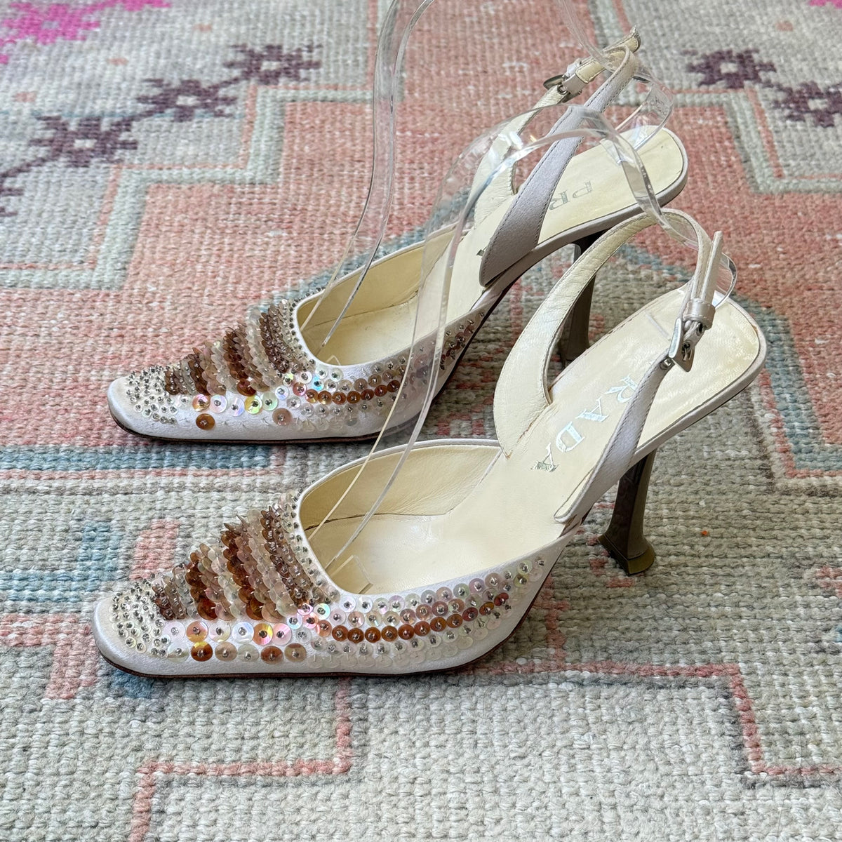 S/S1999 Prada Champagne Paillette Slingback Mules - US 7