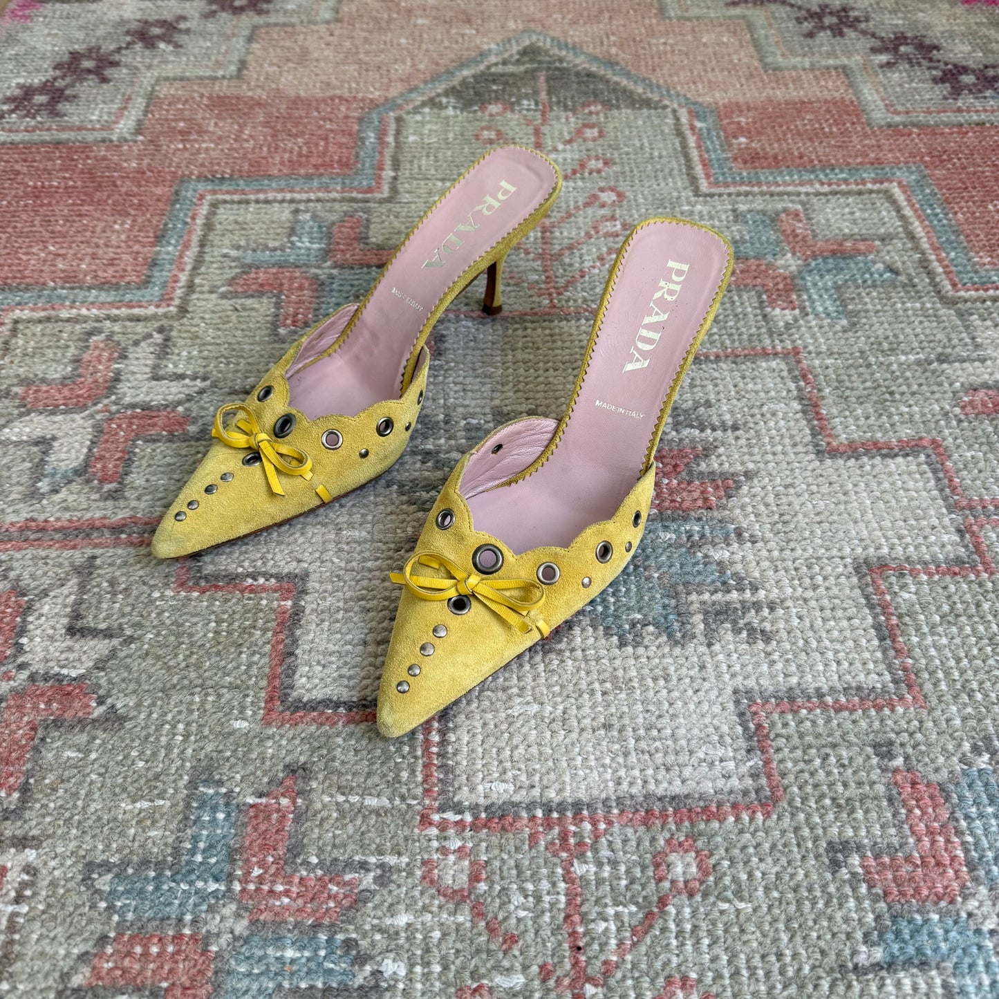 S/S2002 Prada Yellow Suede Grommet Mules - US 6.5